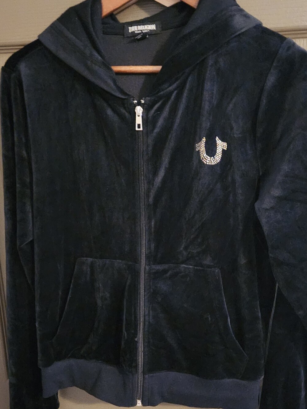 True Religion Men's Black Velour Zip Hoodie Jacket with Logo
